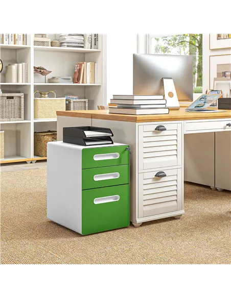 Vinsetto 3 Drawer Filing Cabinet, Steel Lockable File Cabinet with Lock and Wheels, for A4, Letter, Legal Sized Files, Green