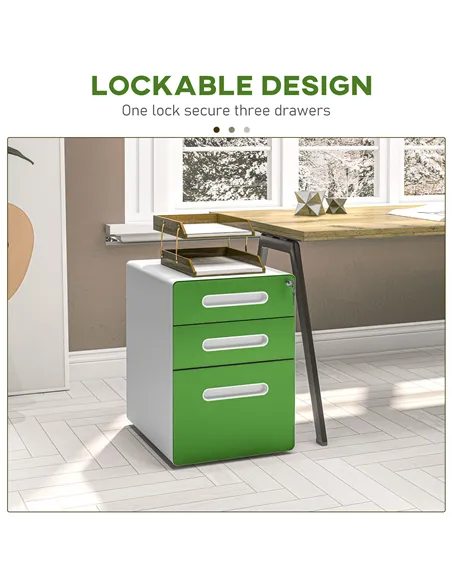 Vinsetto 3 Drawer Filing Cabinet, Steel Lockable File Cabinet with Lock and Wheels, for A4, Letter, Legal Sized Files, Green