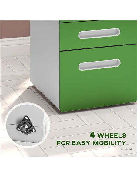 Vinsetto 3 Drawer Filing Cabinet, Steel Lockable File Cabinet with Lock and Wheels, for A4, Letter, Legal Sized Files, Green