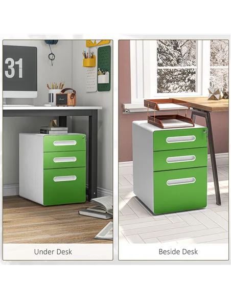 Vinsetto 3 Drawer Filing Cabinet, Steel Lockable File Cabinet with Lock and Wheels, for A4, Letter, Legal Sized Files, Green
