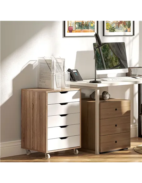 Vinsetto Five-Drawer Filing Cabinet, with Wheels - Oak Brown