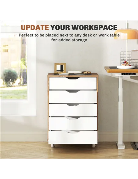 Vinsetto Five-Drawer Filing Cabinet, with Wheels - Oak Brown