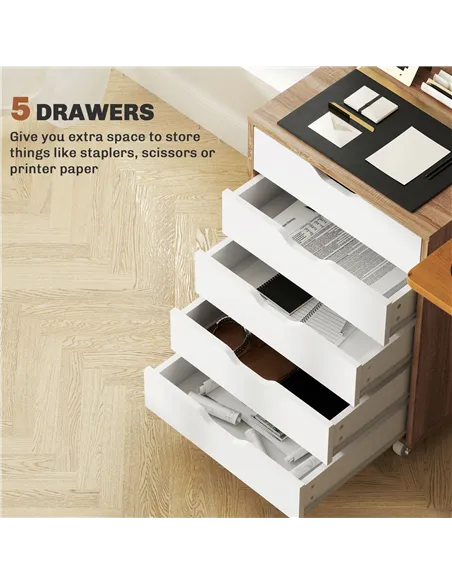 Vinsetto Five-Drawer Filing Cabinet, with Wheels - Oak Brown