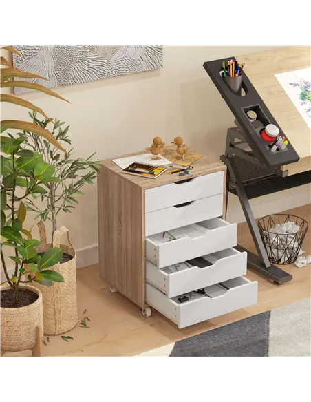 Vinsetto Five-Drawer Filing Cabinet, with Wheels - Oak Brown
