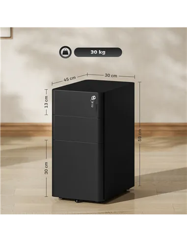 Vinsetto 3-Drawer Steel Filing Cabinet with Lock - Black