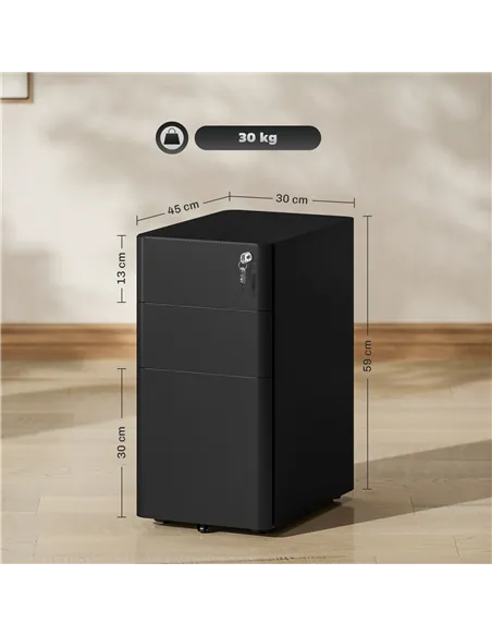 Vinsetto 3-Drawer Steel Filing Cabinet with Lock - Black