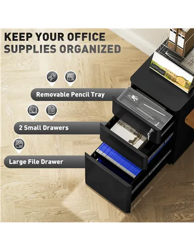 Vinsetto 3-Drawer Steel Filing Cabinet with Lock - Black