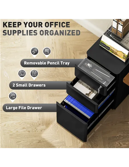 Vinsetto 3-Drawer Steel Filing Cabinet with Lock - Black