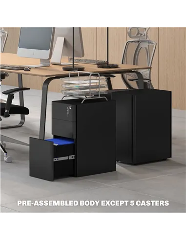 Vinsetto 3-Drawer Steel Filing Cabinet with Lock - Black