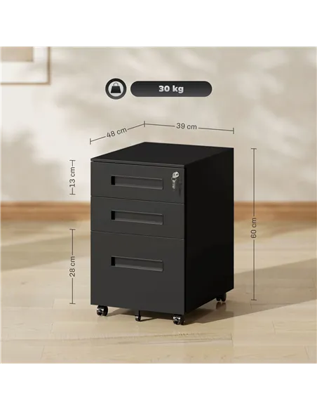 Vinsetto Three-Drawer Steel Filing Cabinet - Black