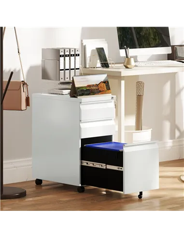 Vinsetto 3-Drawer Steel Filing Cabinet with Lock and Wheels - White