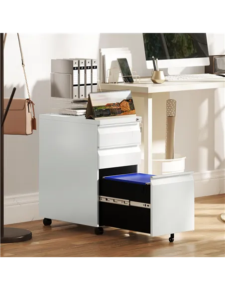 Vinsetto 3-Drawer Steel Filing Cabinet with Lock and Wheels - White