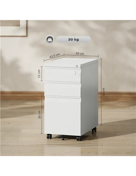 Vinsetto 3-Drawer Steel Filing Cabinet with Lock and Wheels - White