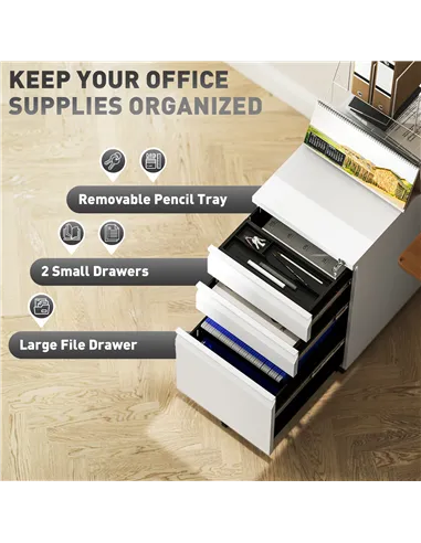 Vinsetto 3-Drawer Steel Filing Cabinet with Lock and Wheels - White