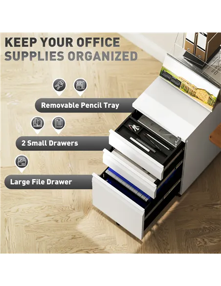 Vinsetto 3-Drawer Steel Filing Cabinet with Lock and Wheels - White