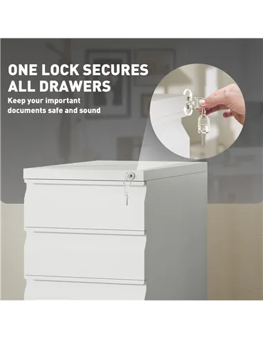 Vinsetto 3-Drawer Steel Filing Cabinet with Lock and Wheels - White