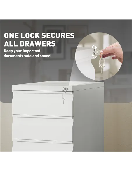 Vinsetto 3-Drawer Steel Filing Cabinet with Lock and Wheels - White