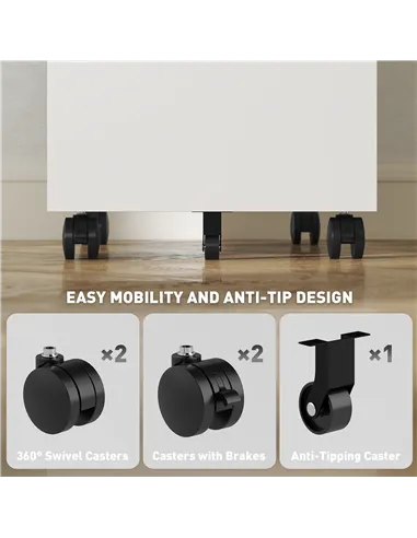 Vinsetto 3-Drawer Steel Filing Cabinet with Lock and Wheels - White