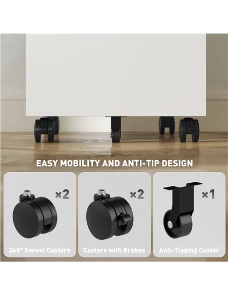 Vinsetto 3-Drawer Steel Filing Cabinet with Lock and Wheels - White