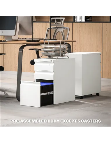 Vinsetto 3-Drawer Steel Filing Cabinet with Lock and Wheels - White