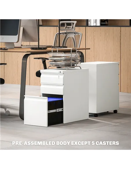 Vinsetto 3-Drawer Steel Filing Cabinet with Lock and Wheels - White