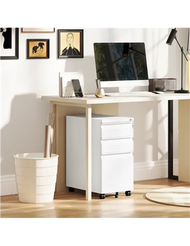 Vinsetto 3-Drawer Steel Filing Cabinet with Lock and Wheels - White