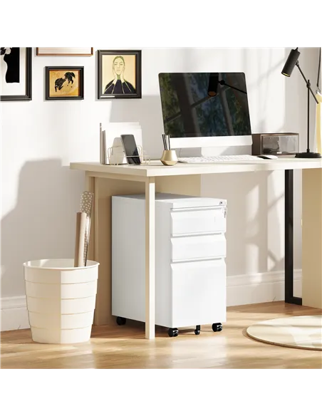 Vinsetto 3-Drawer Steel Filing Cabinet with Lock and Wheels - White