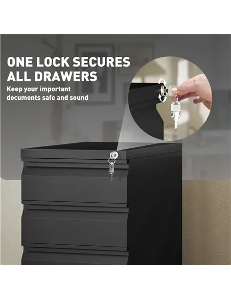 Vinsetto 3-Drawer Steel Filing Cabinet with Lock and Wheels - Black