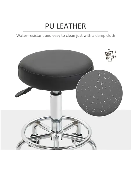 Vinsetto Round Rolling Stool, PU Leather Height Adjustable Stool Chair with Wheels and Swivel Seat for Salon, Massage, Spa, Home