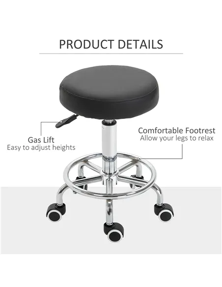 Vinsetto Round Rolling Stool, PU Leather Height Adjustable Stool Chair with Wheels and Swivel Seat for Salon, Massage, Spa, Home