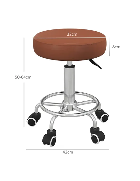 Vinsetto PU Leather Rolling Stool, Height Adjustable Stool Chair with Wheels for Salon, Massage, Spa, Brown