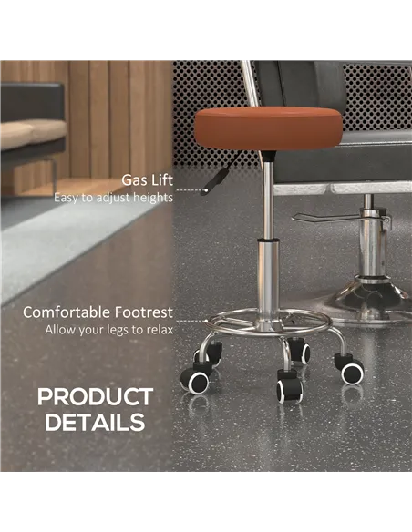 Vinsetto PU Leather Rolling Stool, Height Adjustable Stool Chair with Wheels for Salon, Massage, Spa, Brown