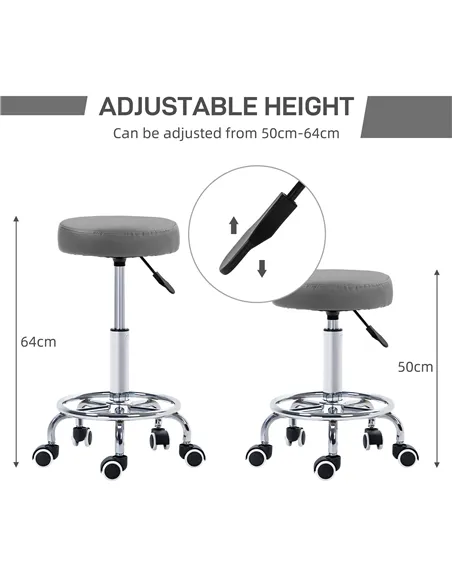 Vinsetto PU Leather Rolling Stool, Height Adjustable Stool Chair with Wheels for Salon, Massage, Spa, Grey
