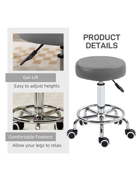Vinsetto PU Leather Rolling Stool, Height Adjustable Stool Chair with Wheels for Salon, Massage, Spa, Grey