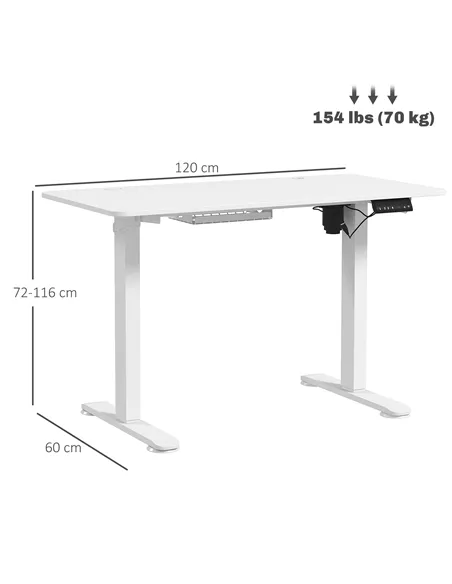Vinsetto 72-116cm Adjustable Electric Standing Desk, 120 x 60cm Tabletop - White