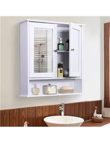 kleankin Wall-mounted Bathroom Cabinet Mirror Door Organiser Storage Shelves Living Room White