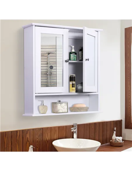 kleankin Wall-mounted Bathroom Cabinet Mirror Door Organiser Storage Shelves Living Room White