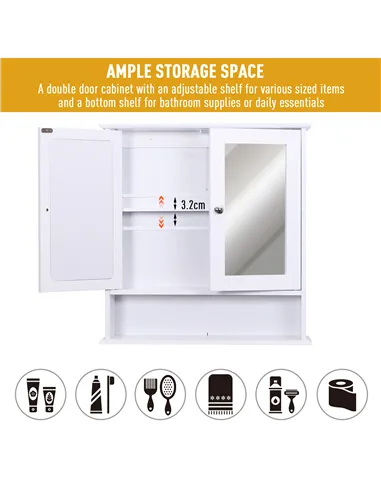 kleankin Wall-mounted Bathroom Cabinet Mirror Door Organiser Storage Shelves Living Room White