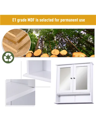 kleankin Wall-mounted Bathroom Cabinet Mirror Door Organiser Storage Shelves Living Room White