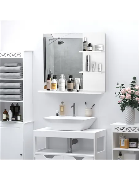 kleankin Modern Bathroom Mirror, Wall-mounted Vanity Mirror with 3 Tiers Storage Shelves for Make Up, White