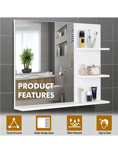 kleankin Modern Bathroom Mirror, Wall-mounted Vanity Mirror with 3 Tiers Storage Shelves for Make Up, White