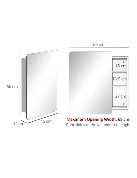 kleankin Bathroom Storage Cabinet w/Sliding Mirror Door, Wall Mounted Bathroom Cabinet with 3 Shelves, Stainless Steel Frame, 46