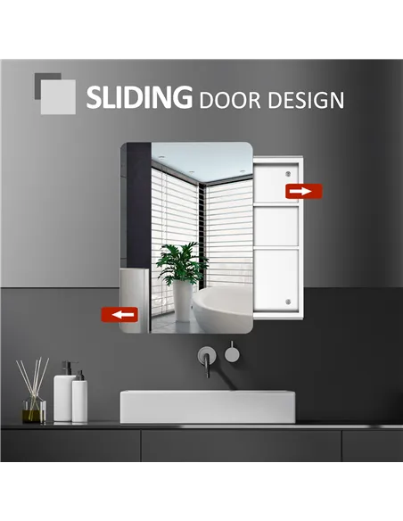kleankin Bathroom Storage Cabinet w/Sliding Mirror Door, Wall Mounted Bathroom Cabinet with 3 Shelves, Stainless Steel Frame, 46
