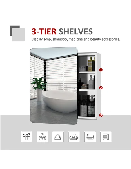 kleankin Bathroom Storage Cabinet w/Sliding Mirror Door, Wall Mounted Bathroom Cabinet with 3 Shelves, Stainless Steel Frame, 46