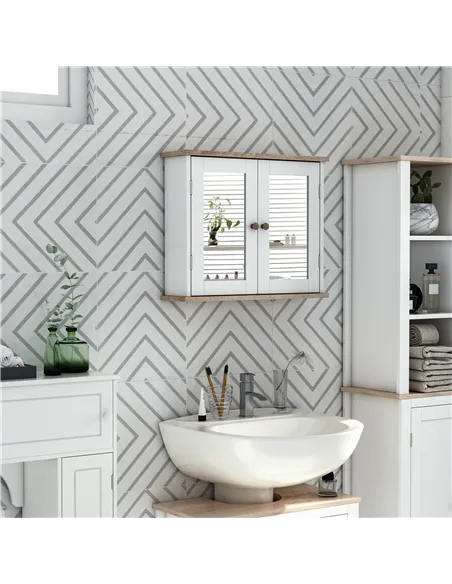 kleankin Bathroom Mirror Cabinet Wall Mounted Storage Cupboard with Double Door and Adjustable Shelf, White