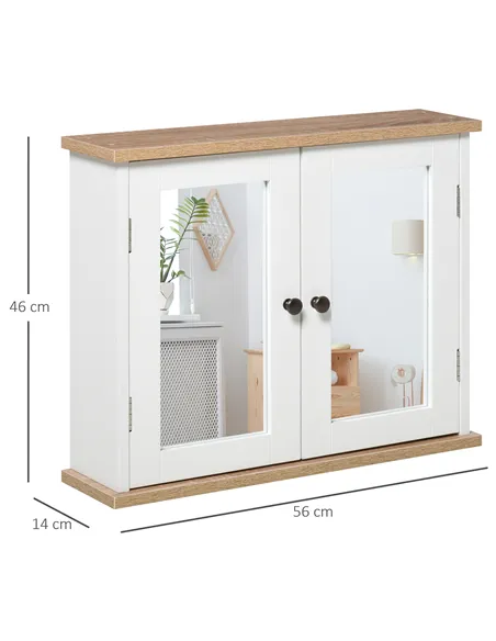 kleankin Bathroom Mirror Cabinet Wall Mounted Storage Cupboard with Double Door and Adjustable Shelf, White