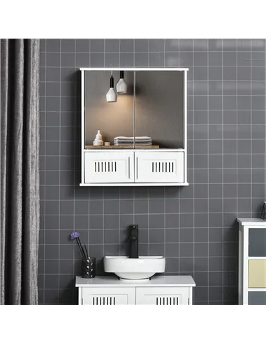 kleankin Bathroom Mirror Cabinet, Wall Mounted Storage Cupboard with Double Doors and Adjustable Shelf, Bathroom Organizer, Whit