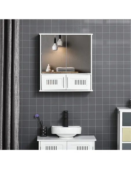 kleankin Bathroom Mirror Cabinet, Wall Mounted Storage Cupboard with Double Doors and Adjustable Shelf, Bathroom Organizer, Whit