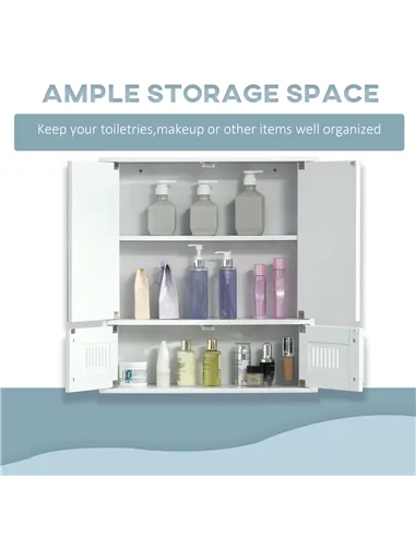 kleankin Bathroom Mirror Cabinet, Wall Mounted Storage Cupboard with Double Doors and Adjustable Shelf, Bathroom Organizer, Whit