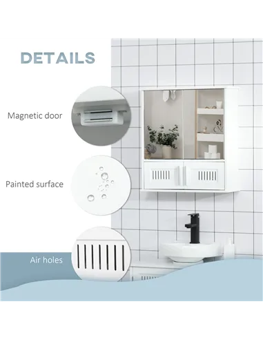 kleankin Bathroom Mirror Cabinet, Wall Mounted Storage Cupboard with Double Doors and Adjustable Shelf, Bathroom Organizer, Whit